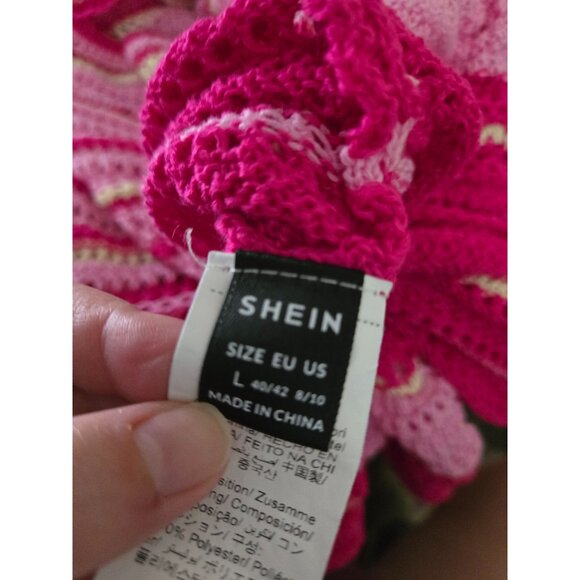 Shein Pink Crochet Halter Mini Dress Size Large Cut Out Festival Summer Hippie - Picture 4 of 9